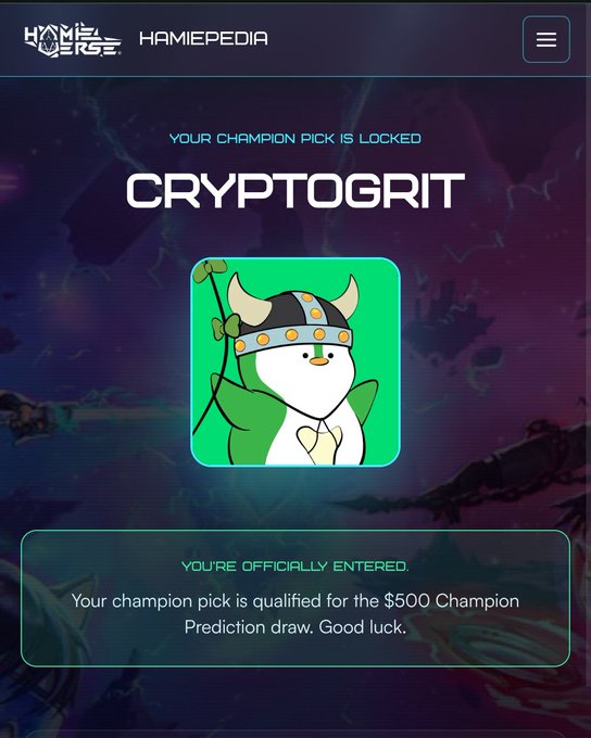 !"The @hamieverse Alpha Tournament is finally here I've proudly locked in my champion @CryptoGrit I know only 1.9% have chosen him, but this absolute legend has always been my all time favourite. Heart says he's going all the way What's your pick?"