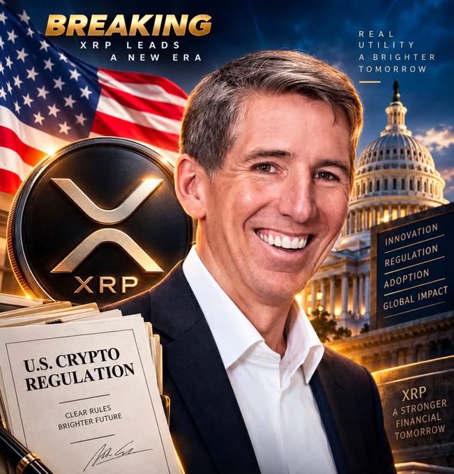 A promotional graphic titled 'BREAKING XRP LEADS A NEW ERA' featuring a smiling man, an XRP coin, the U.S. flag, and the Capitol building, with text about 'U.S. CRYPTO REGULATION' and 'REAL UTILITY A BRIGHTER TOMORROW'.