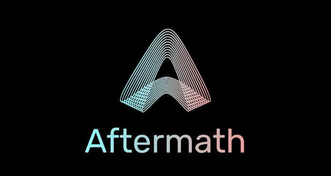 A logo on a black background featuring a stylized 3D 'A' shape made of layered lines in blue and pink gradients, with the word 'Aftermath' written below in matching gradient text.