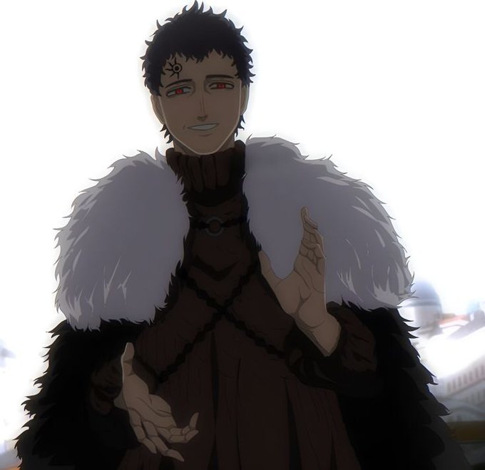 An anime-style illustration depicts a smiling man with dark curly hair, red eyes, and a forehead mark, wearing a brown coat with a large white fur collar.