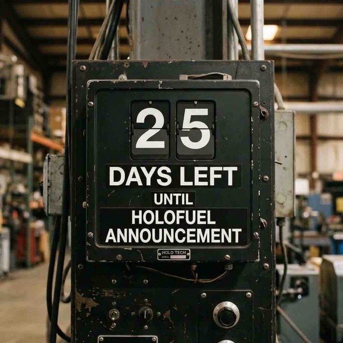 An industrial flip-style countdown sign in a factory setting displaying '25 DAYS LEFT UNTIL HOLOFUEL ANNOUNCEMENT' as a Holo Tech branded meter.