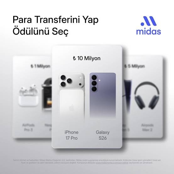 Midas cryptocurrency promotion in Turkish ('Para Transferini Yap, Ödülünü Seç') offering rewards of ₺1 Million, ₺10 Million (iPhone 17 Pro or Galaxy S26), and ₺5 Million.