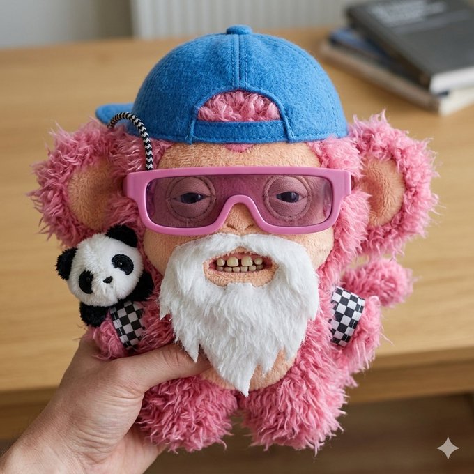 A hand holds a customized plush toy of a pink furry character wearing a blue backwards cap, pink glasses, and a white beard, holding a small panda.