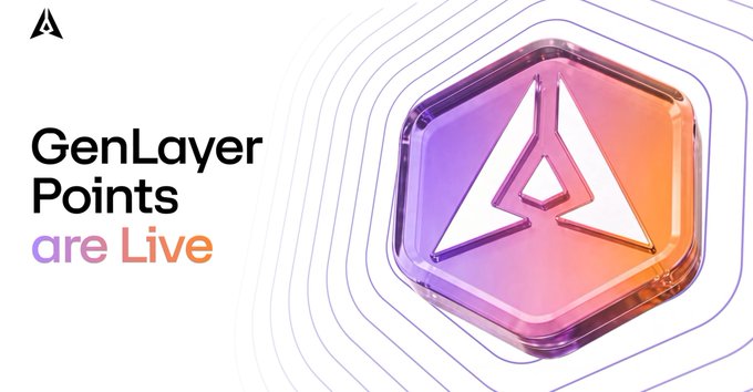 A promotional graphic with the text 'GenLayer Points are Live' alongside a hexagonal icon featuring a geometric triangle logo on a gradient pink and purple background.