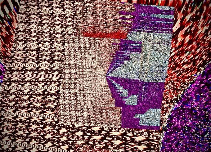An abstract, heavily textured image with a glitch art aesthetic, featuring static, purple and blue fragmented blocks, and distorted red and white patterns on the edges.