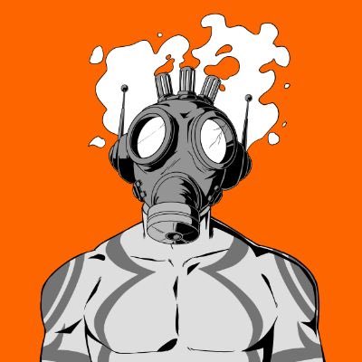 A stylized illustration of a muscular figure wearing a gas mask with white smoke or steam billowing out of the top against an orange background.