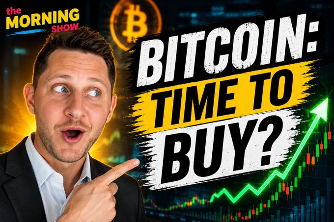 A YouTube thumbnail from 'The Morning Show' featuring a man pointing to bold text asking 'BITCOIN: TIME TO BUY?' alongside a Bitcoin logo and an upward-trending green stock chart.