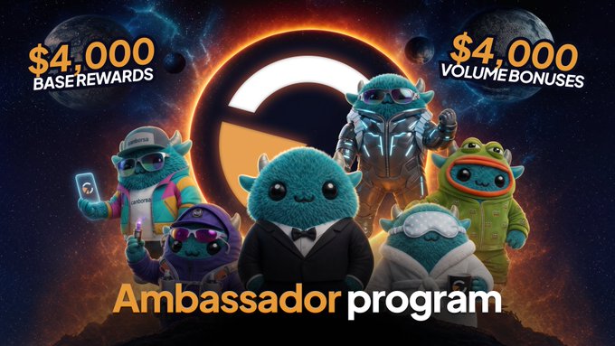 The image showcases the "Ambassador program" with a group of cute blue alien mascots in various outfits, featuring text highlighting "$4,000 BASE REWARDS" and "$4,000 VOLUME BONUSES." This directly supports the post announcing the program's launch and its financial incentives for content creators, volume traders, and community builders.