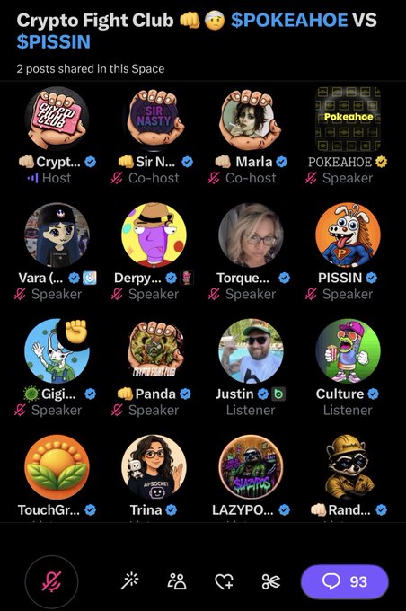 A screenshot of a Twitter/X Space called 'Crypto Fight Club' featuring $POKEAHOE VS $PISSIN, showing participants as speakers and listeners.