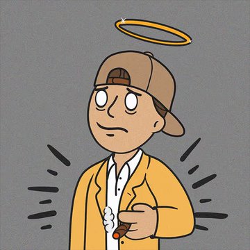 A cartoon illustration shows a wide-eyed character wearing a backwards cap, a halo above their head, and a yellow jacket while holding a lit joint.