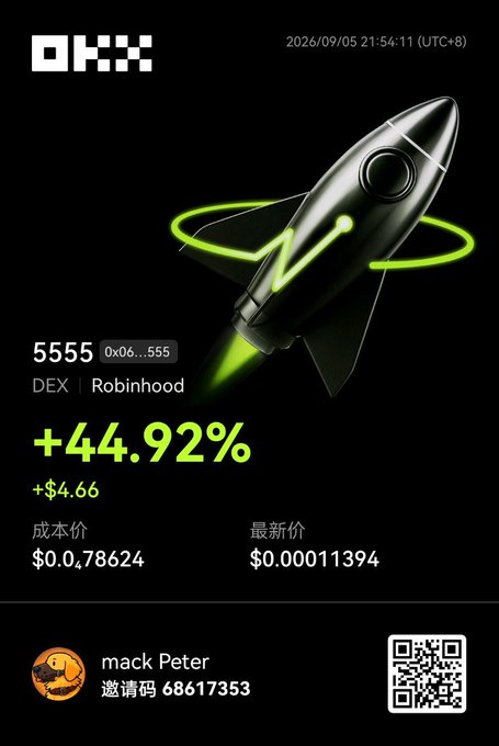 A graphic for the ticker '5555' on OKX DEX/Robinhood, showing a +444.92% gain (+$4.66) with a rocket illustration, shared by user mack Peter with invitation code 68617353.