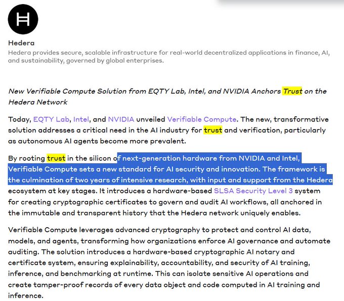 Hedera article titled 'New Verifiable Compute Solution from EQTY Lab, Intel, and NVIDIA Anchors Trust on the Hedera Network,' highlighting that Verifiable Compute roots trust in next-generation hardware from NVIDIA and Intel.