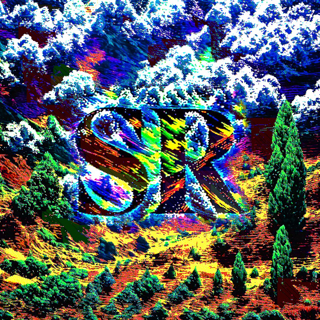 The image features a colorful landscape with a large tree, a mountain range, and a sky filled with clouds. In the center of the image, there's an abstract painting that reads "SRSK" in a rainbow color scheme. The text is written in white letters against a vibrant background of colors. The post caption reads: "Glad to be joining SuperRare".