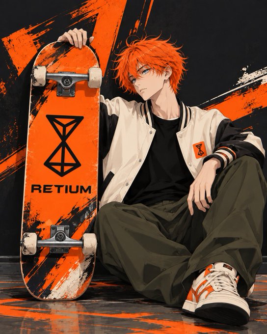 An anime-style illustration of a young man with messy orange hair holding an orange skateboard with the word 'RETIUM' on it.