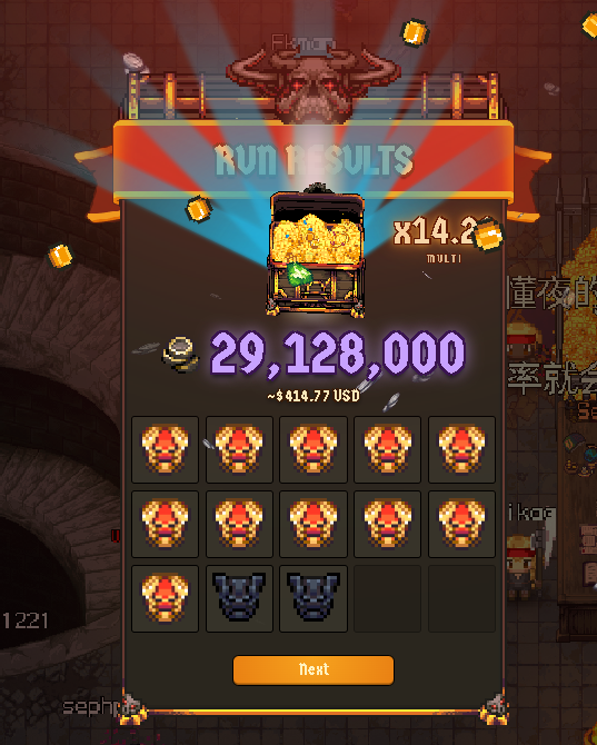 Mobile game 'Run Results' screen showing a score of 29,128,000 (~$414.77 USD) with a x14.2 multiplier, a treasure chest full of gold, and a 3x5 grid of skull icons.