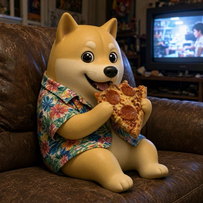 A 3D-rendered Shiba Inu character wearing a floral Hawaiian shirt sits on a brown leather couch eating a slice of pepperoni pizza while watching TV.