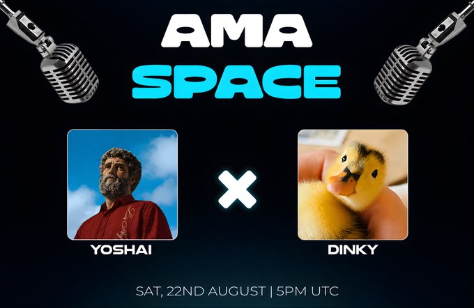 Promotional graphic for an AMA Space event featuring "YOSHAI" (a bearded man in red) and "DINKY" (a duckling), scheduled for Saturday, 22nd August at 5PM UTC, with vintage microphones framing the "AMA SPACE" title at the top. The image visually announces the Twitter Space conversation about the $DINKY token mentioned in the post.