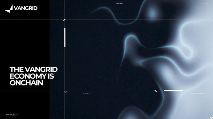 A dark graphic design with the Vangrid logo and tagline 'THE VANGRID ECONOMY IS ONCHAIN', featuring abstract blue light patterns on a black background.