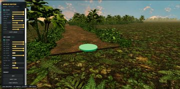 In this screenshot, a person is playing a video game that takes place in a tropical, jungle-like setting under a blue sky with clouds. The character in the game has just been launched into the air off an area of dirt surrounded by a variety of trees and plants. The player's goal within the game appears to be collecting items or completing certain tasks as they soar through this lush and captivating environment.