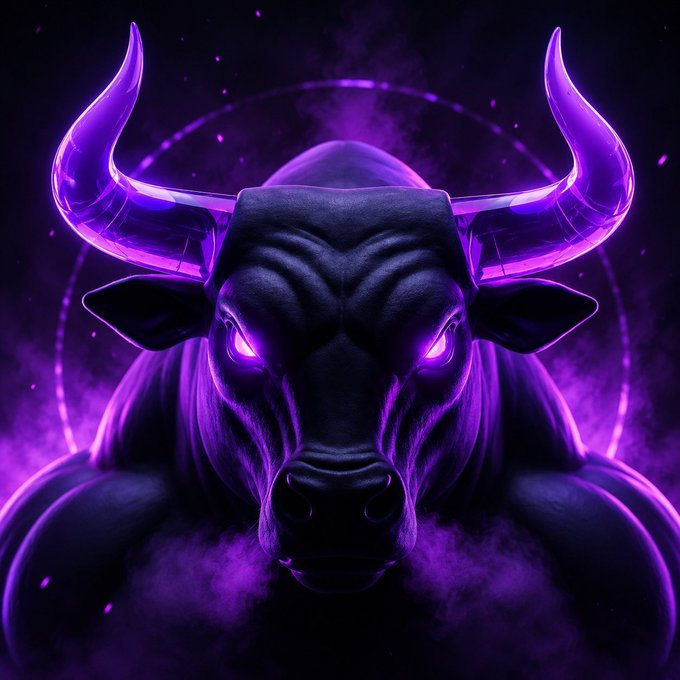A dramatic digital artwork of a black bull with glowing purple eyes and glowing purple horns, set against a dark background with purple smoke and a circular light.