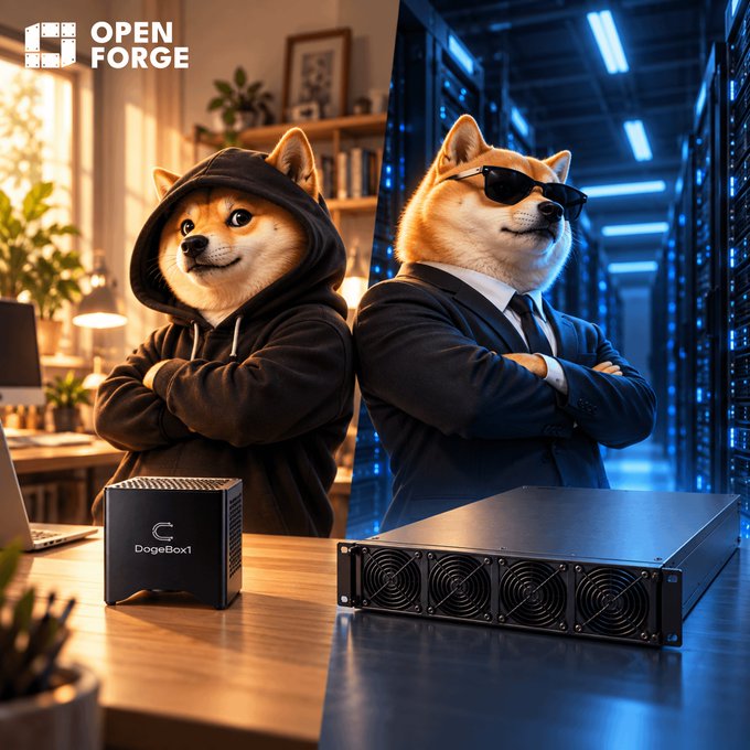 A split image showing two Shiba Inu mascots representing different computing solutions: a casual dog in a hoodie labeled 'OPEN FORGE' with 'DogeBox1' on the left, and a business-dog with sunglasses in a data center setting on the right.