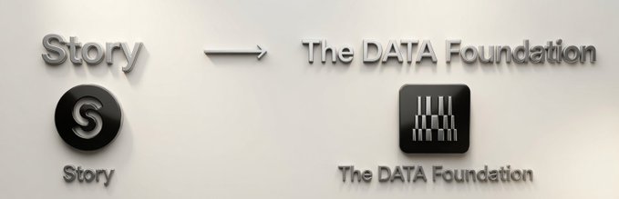 The image depicts a rebranding announcement showing the word "Story" with its "S" logo on the left, transitioning via an arrow to "The DATA Foundation" with a binary code icon on the right, visually representing the transformation of the Story protocol into The DATA Foundation and the corresponding ticker change from $IP to $DATA.