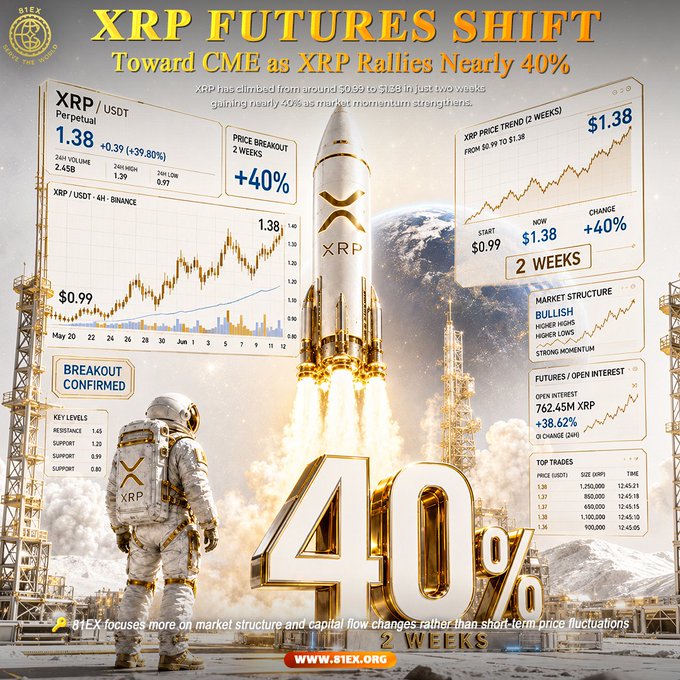 A promotional graphic from 81EX showcasing XRP's nearly 40% rally from $0.99 to $1.38 over two weeks, featuring astronaut and rocket imagery alongside key metrics including a bullish market structure, 762.45M XRP open interest (+38.62%), and price targets up to $1.65, highlighting the shift of XRP futures toward CME amid growing institutional momentum.