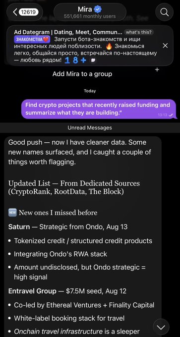 A Telegram chat with an AI bot named 'Mira' where the user asks to find recent crypto funding rounds, and the bot lists projects like Saturn and Entravel Group with funding details.