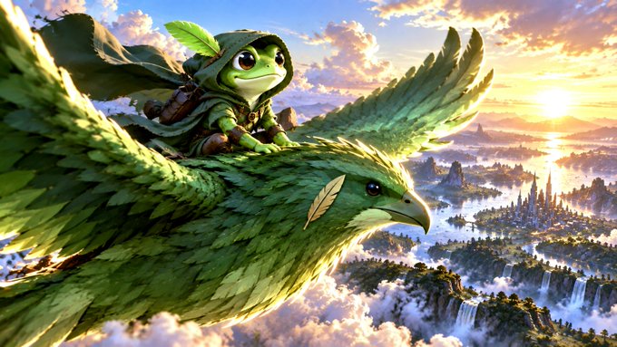 A fantasy illustration depicts a small green-hooded goblin-like creature riding on the back of a large green eagle flying over a fantastical landscape of islands and castles at sunset.