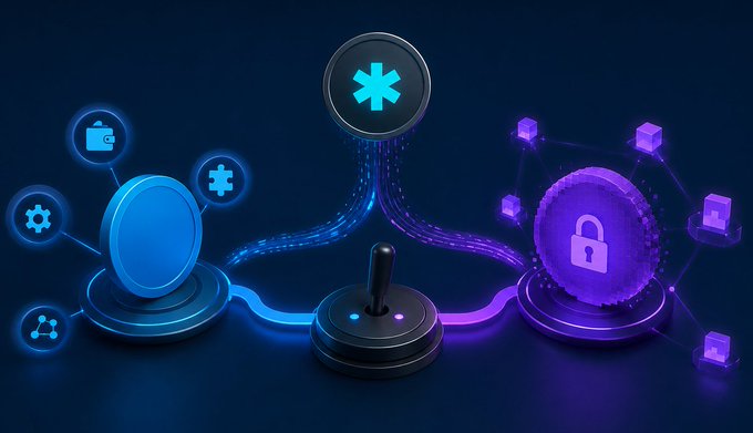 The image depicts a futuristic 3D illustration featuring a central joystick connected via glowing blue and purple cables to three nodes: a central asterisk/snowflake icon at the top, a blue hub on the left surrounded by accessory icons (wallet, settings, share, puzzle piece), and a purple padlock hub on the right encircled by cubes, symbolizing encrypted and standard token modes.

This visually represents Fhenix's dual ERC token structure, with the joystick acting as the control mechanism that seamlessly toggles between the two modes—standard transparent tokens (left side) and fully homomorphic encrypted tokens (right side with the padlock)—allowing users to choose between usability and privacy without fragmenting liquidity or breaking integrations.