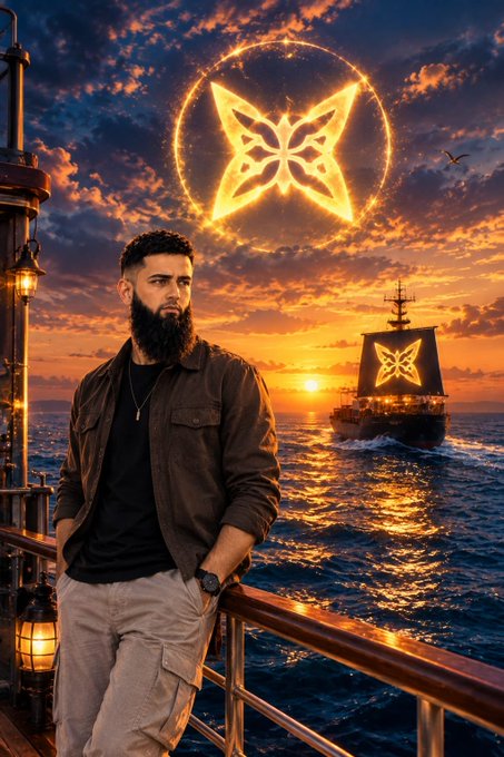 A bearded man stands on a ship's deck at sunset, with a glowing butterfly logo in the sky and a matching logo on the pirate ship in the background.