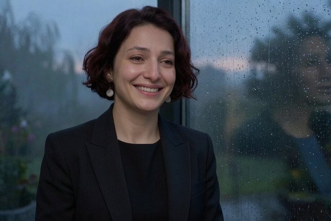 A portrait of a smiling woman with short dark red hair wearing a black blazer, standing in front of a rain-streaked window with her reflection visible in the glass.