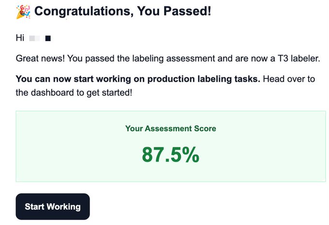 A congratulatory message reading 'Congratulations, You Passed!' showing an assessment score of '87.5%' and a 'Start Working' button.