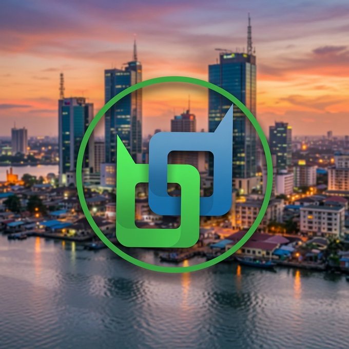 A logo featuring overlapping green and blue stylized 'U' and 'J' shapes within a green circle, set against a blurred background of a city skyline at sunset.