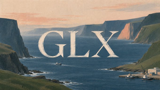 The image shows a coastal landscape painting featuring steep cliffs surrounding a calm blue bay, with a small boat in the water and a harbor with buildings and a crane on the right side, all under a soft pink-hued sky. The large white letters "GLX" are overlaid across the center, visually introducing the GPU Loan Exchange mentioned in the post about USDAI's new capital recycling mechanism.