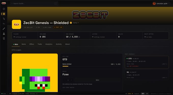 A user navigates the ZecBay NFT marketplace on the Zcash network, viewing the "ZecBit Genesis — Shielded" listing for a pixel-art green character NFT priced at 325 ZEC, with the post highlighting concerns about the network's slow and unreliable performance during a limited 30-minute GTO window.