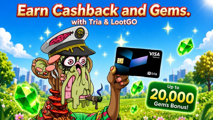 The image features an advertisement for a casino game called "Real adoption happens where real conversations take place." The advertisement includes a cartoon character holding a credit card with the text "Earn Cashback and Gems" and "with Tria & Loootgo". There are also two green diamonds in the background, one on each side of the image.
