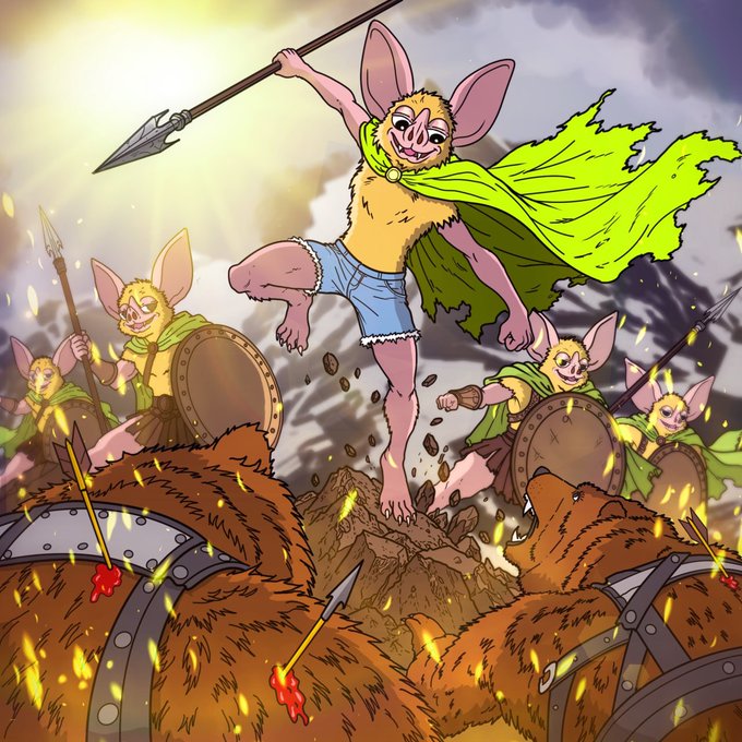 An animated, anthropomorphic bat character wearing denim shorts and a flowing green cape stands triumphantly atop a pile of furry, fallen creatures—resembling giant rats or rodents—that have been defeated with arrows and spears, while three similarly bat-like warriors in green capes brandish shields and weapons in a fiery, battle-scarred landscape; the chaotic, victorious scene humorously illustrates the post's "hoodrat supremacy" caption by depicting these guerrilla-style "hood rats" as victorious fighters dominating their rodent adversaries, with no visible text, numbers, or names in the artwork itself.
