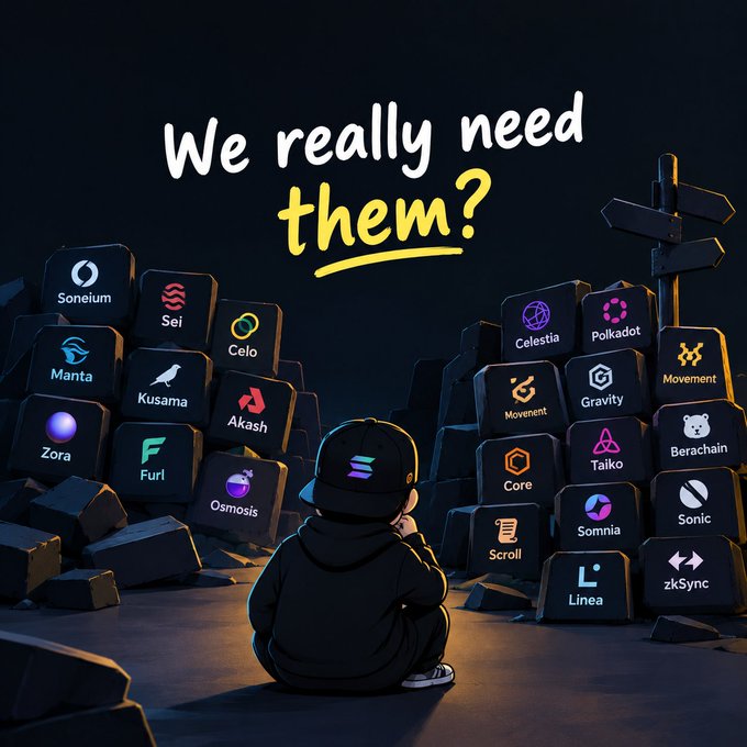 A graphic asking 'We really need them?' above a figure looking at stacks of blocks featuring logos of various blockchain networks including Sonic, Sei, Celo, Celestia, Polkadot, Movement, Manta, Kusama, Akash, Gravity, Berachain, Zora, Furl, Taiko, Osmosis, Core, Sonic, Scroll, zkSync, and Somnia.