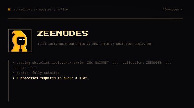 A retro terminal-style interface for 'ZEENODES' displaying 1,111 fully-animated units on ZEC chain with whitelist application status.