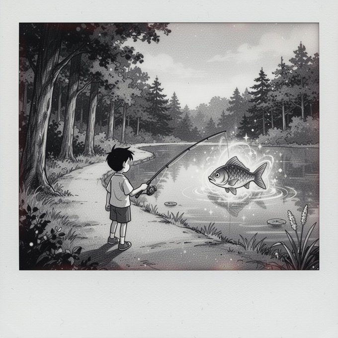 A grayscale illustration of a young boy fishing at the edge of a forest lake, with a glowing, magical fish floating above the water's surface.