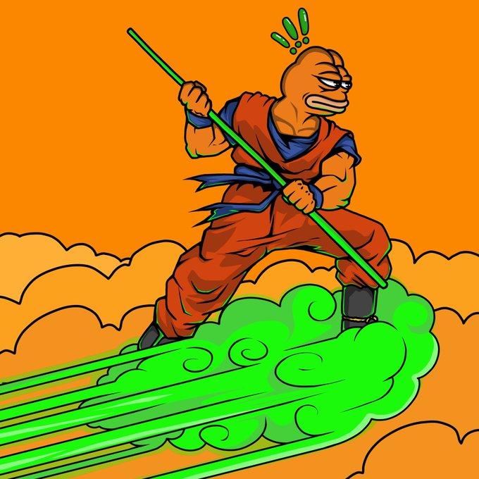 A cartoon illustration depicts a muscular orange character in a martial arts gi riding a green cloud while wielding a green staff against an orange sky.