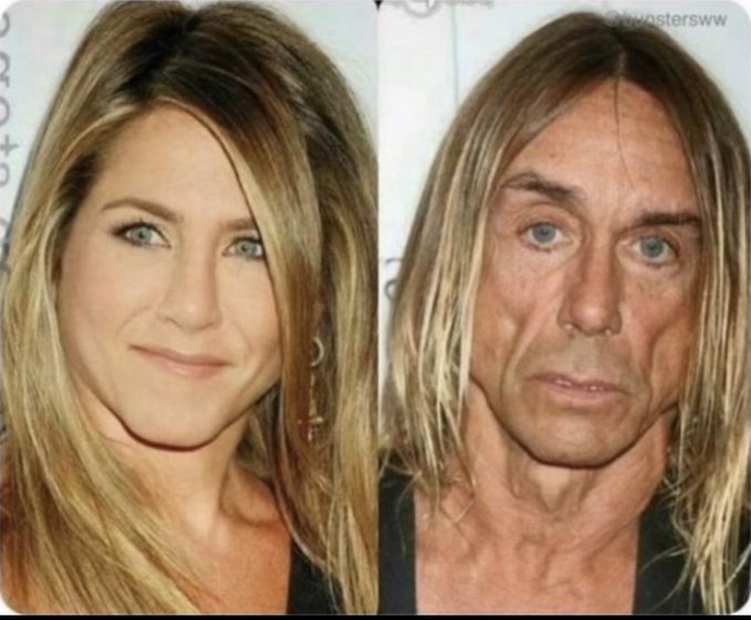 A side-by-side image shows a glamorous woman with blonde hair on the left and a man with similar long blonde hair on the right, appearing to mimic her hairstyle.