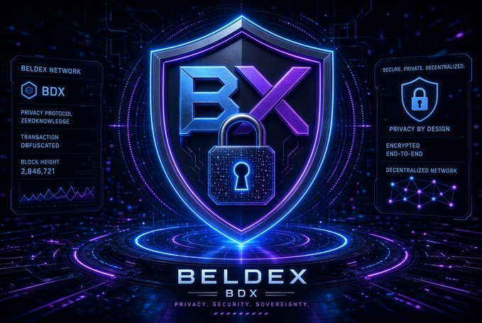 A futuristic neon-style promotional graphic for Beldex (BDX) featuring a glowing shield and padlock with the tagline 'PRIVACY. SECURITY. SOVEREIGNTY.' and listing features like ZeroKnowledge privacy, obscured transactions, and encrypted end-to-end network.