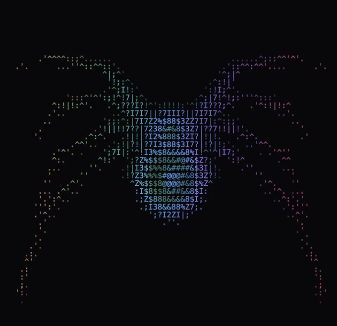 An ASCII art rendering of a crab composed of various colorful characters and symbols on a black background.