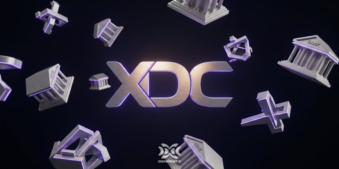 A stylized "XDC" logo in metallic silver with purple accents is centered against a dark background, surrounded by floating 3D icons of classical bank-like buildings and cryptocurrency symbols (X and diamond shapes), with "COINFEST" branding at the bottom. The imagery visually represents XDC Network's institutional and financial milestones, such as its 7-year mainnet anniversary, institutional staking additions, and security framework developments highlighted in the post.