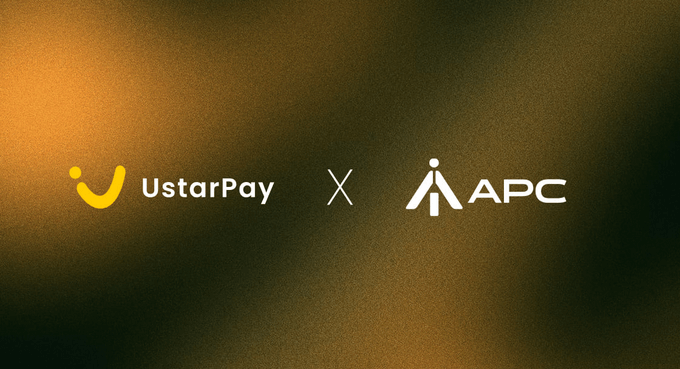 A promotional graphic showing a partnership between 'UstarPay' and 'APC' against a dark gold background.