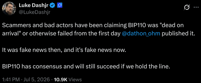 A tweet from Luke Dashjr (@LukeDashjr) addressing claims that BIP110 was "dead on arrival," asserting that such narratives are fake news pushed by scammers and bad actors since the proposal's publication. The tweet, posted July 5, 2026, has 10.9K views and states BIP110 has consensus and will succeed if supporters hold the line.