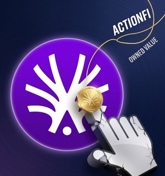 Graphic for ACTIONFI with the tagline 'Owned Value,' showing a robotic hand holding a gold coin in front of a purple circular logo featuring a stylized white hand/tree symbol.
