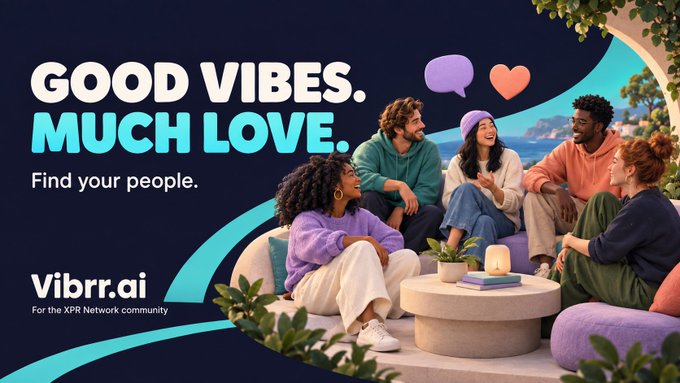 A promotional graphic for 'Vibrr.ai' with the text 'GOOD VIBES. MUCH LOVE. Find your people.' and a group of diverse young adults relaxing together on cushions in a bright, modern setting.